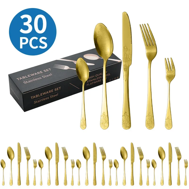 20/30-Piece Gold Embossed Floral Cutlery Set - Stainless Steel Tableware Gift Box for Dinner, Wedding & Party