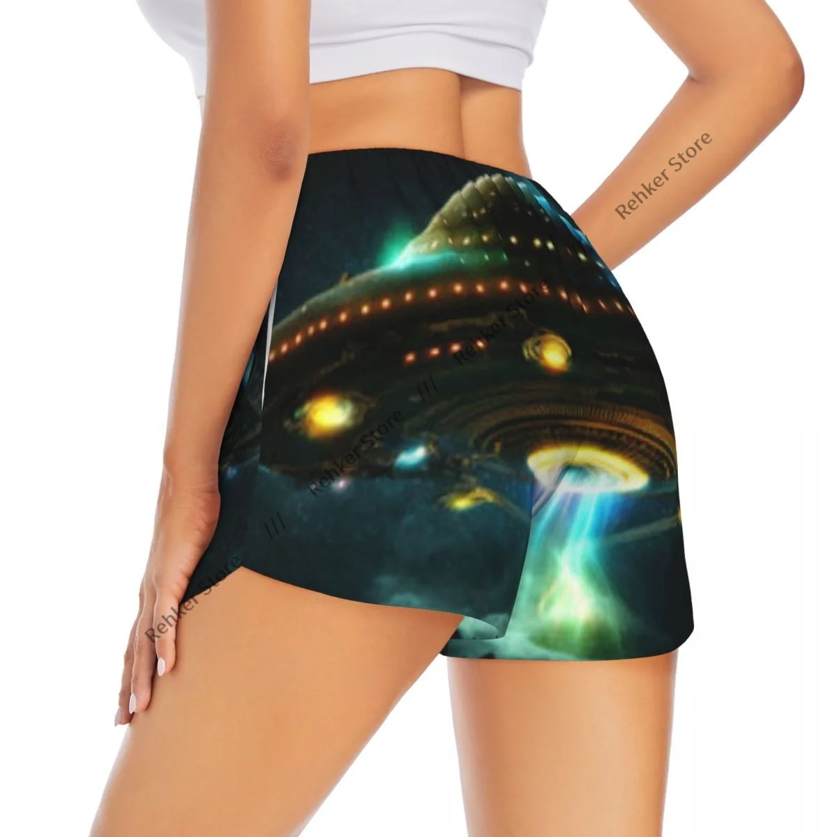 

UFO With Lights In Space Women's Double Layered Quick-Dry Athletic Shorts for Outdoor Leisure Running Fitness Workout Sport