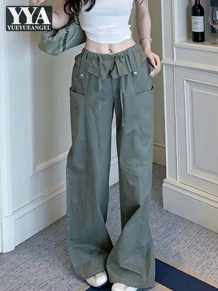 American Style New Women Workwear High Waist Loose Fit Pants Multi Pockets Waist Straight Trousers Causal Ladies Wide Leg Pants