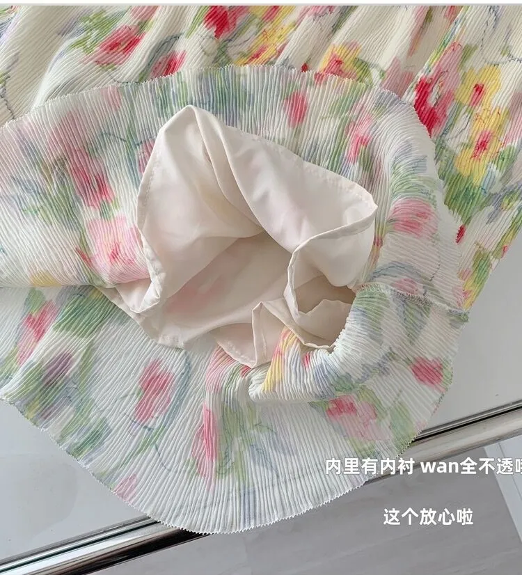 Saia Feminina Vintage de Chiffon com Estampa Floral, Vestido Plissado Longo, Design Elegante para Primavera Verão, Tamanhos Grandes 4XL 5XL