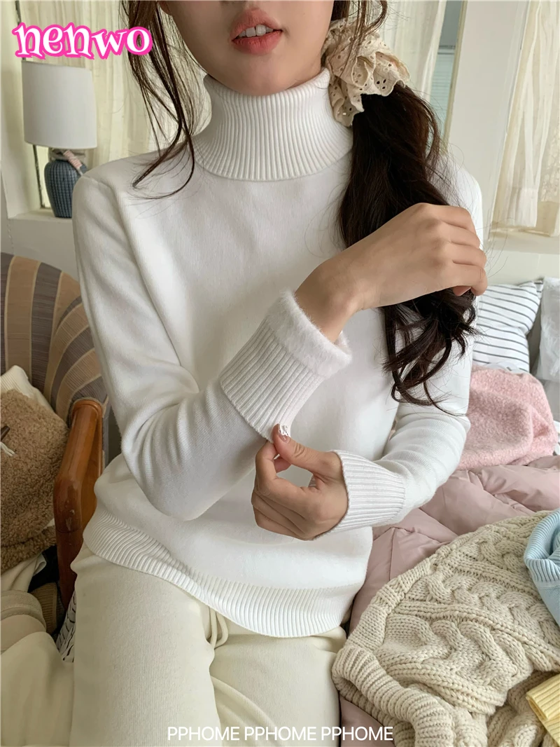 

Imitation Mink High Neck Knitted Sweater Winter Fleece Lined Thickened Warm High Neck Slim Fit Base Shirt for Women camisetas