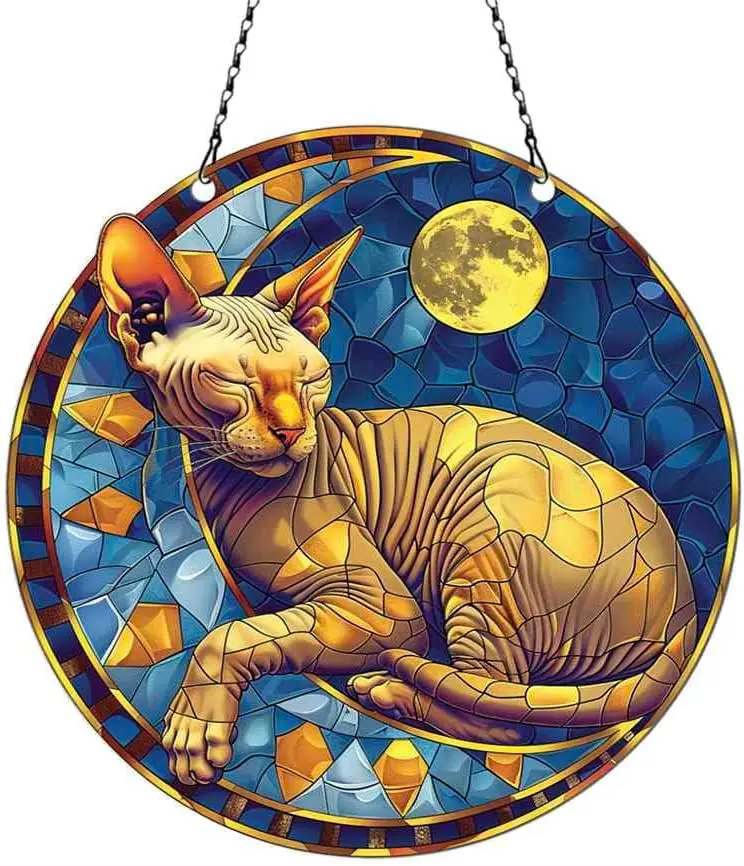 Sphynx Sleeping On The Moon Ornament Acrylic Window Hanging, Gift for Cat Lovers, Home Wall Room Hanging Decor, Christmas Decora