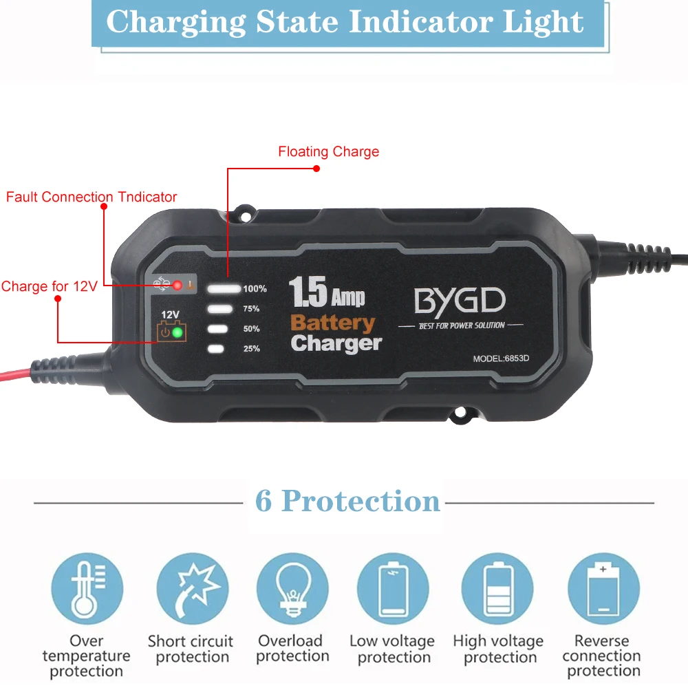 12V 1500mA with LED Automatic Smart Motorcycle Battery Charger Maintainer for Car/RV/ATV/Boat Automatic Battery Trickle Charger