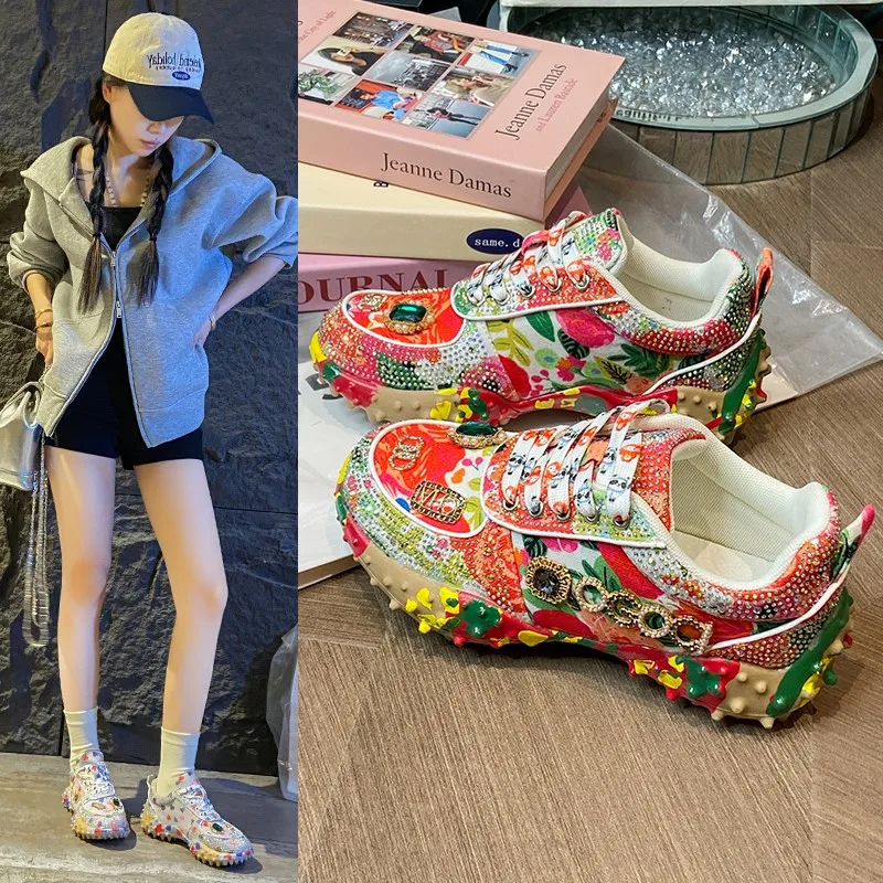 

High-quality Thick-soled Lace-up Rhinestone Fashionable, Versatile, Comfortable, Anti-slip and Breathable Women's Sports Shoes