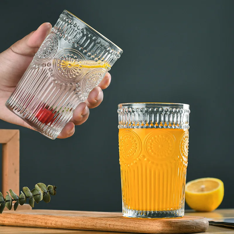 Nordic Cup with Golden Edge Vintage Sunflower Glass Cups Embossed Water Cup Juice Cup Breakfast Glass Wine Glass Household Glass