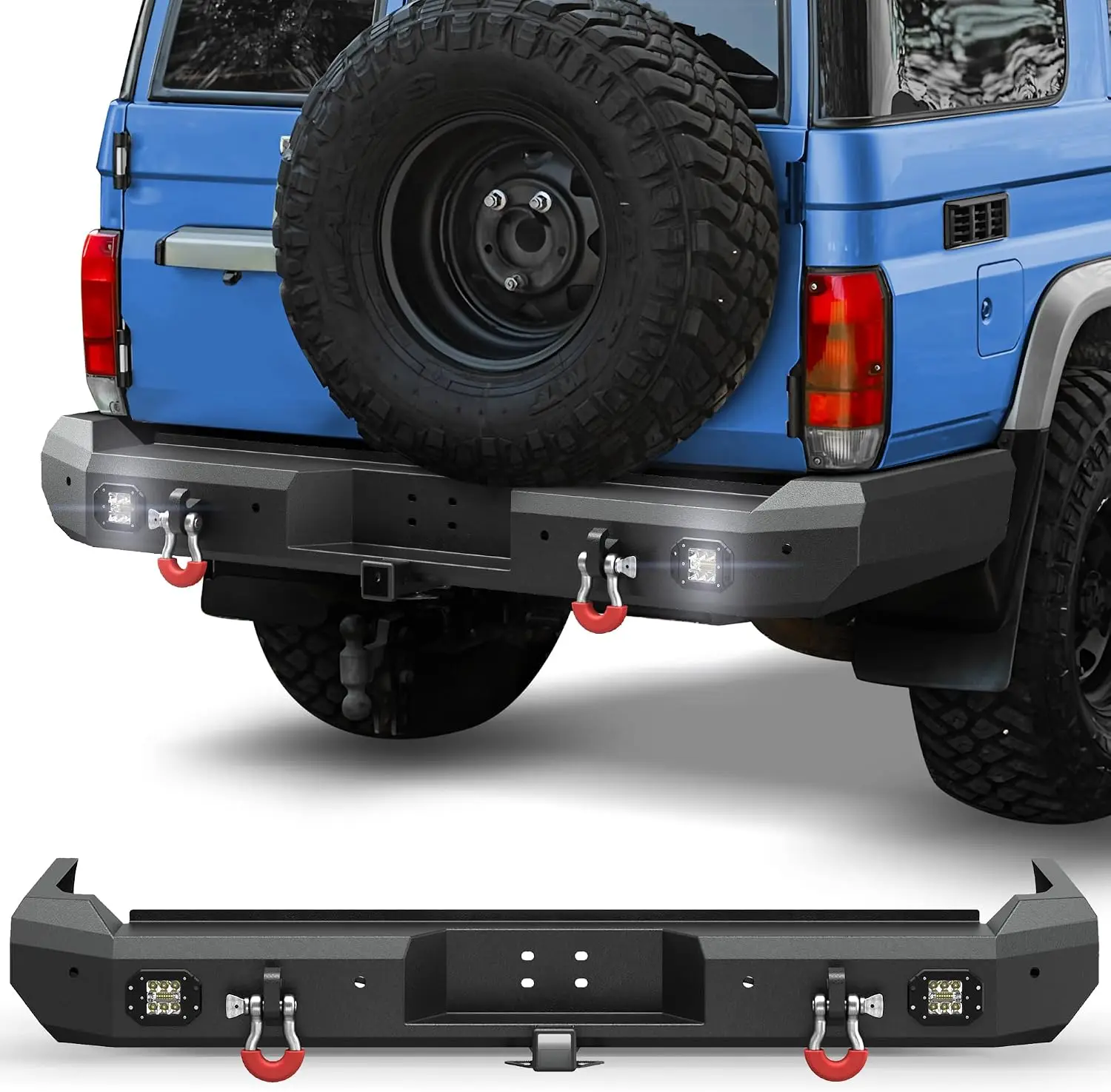 Rear Offroad Bumper for Toyota Land Cruiser LC76 76 Series 2007-2023 W/ LED Flush Mount Lights D-Rings 2 Inch Hitch Receiver