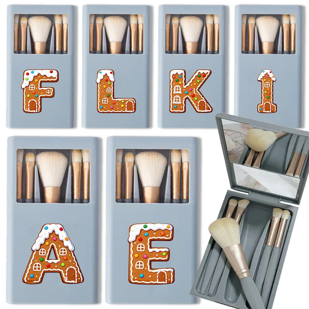 

5PCS Long Makeup Brush Set Multi-function Soft Hair Beauty Tool Square Storage Storage Box with Mirror Gingerbread Pattern