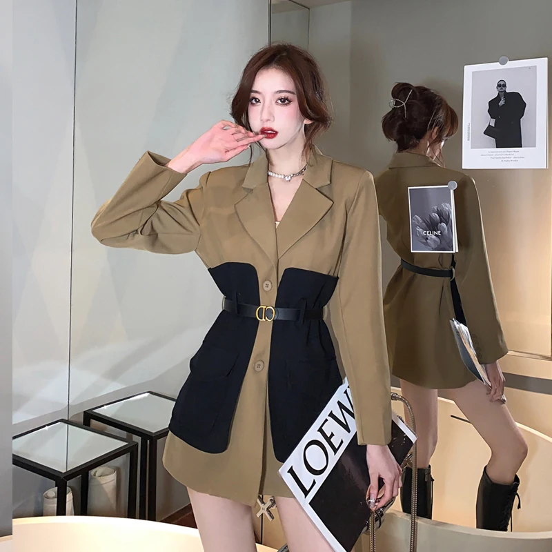 Temperament Suit Blazer Women Fall Winter 2022 New Notched  Belt Waist Long Sleeve Slim Patchwork Elegant Office Suit Jacket