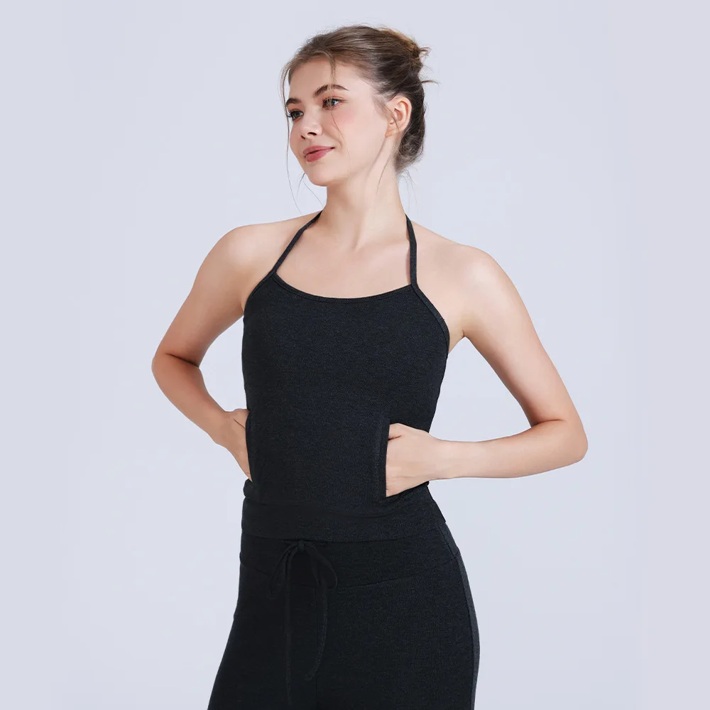 Biustonosz sportowy damski typu vest z długimi ramiączkami, pięknym tyłem i wbudowanymi miseczkami, biustonosz do fitnessu.