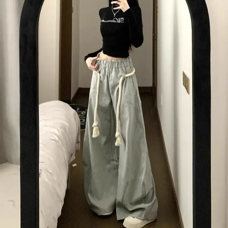 

American Sport Grey Casual Pants Spring/summer New Style Thick Rope Waistband Curved Knife Pants Loose Wide Leg Pants