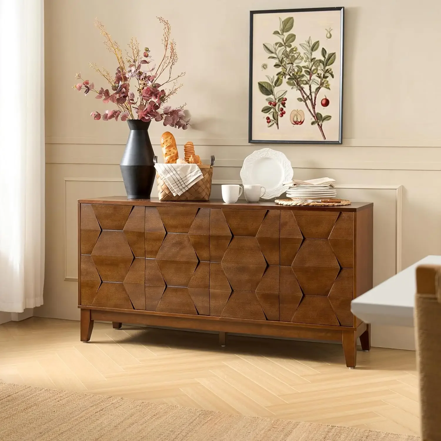 

Mid Century Sideboard Buffet Cabinet with Solid Wood Legs, 60" Kitchen Storage Cabinet Credenza with 4 Doors and 2 Shelves