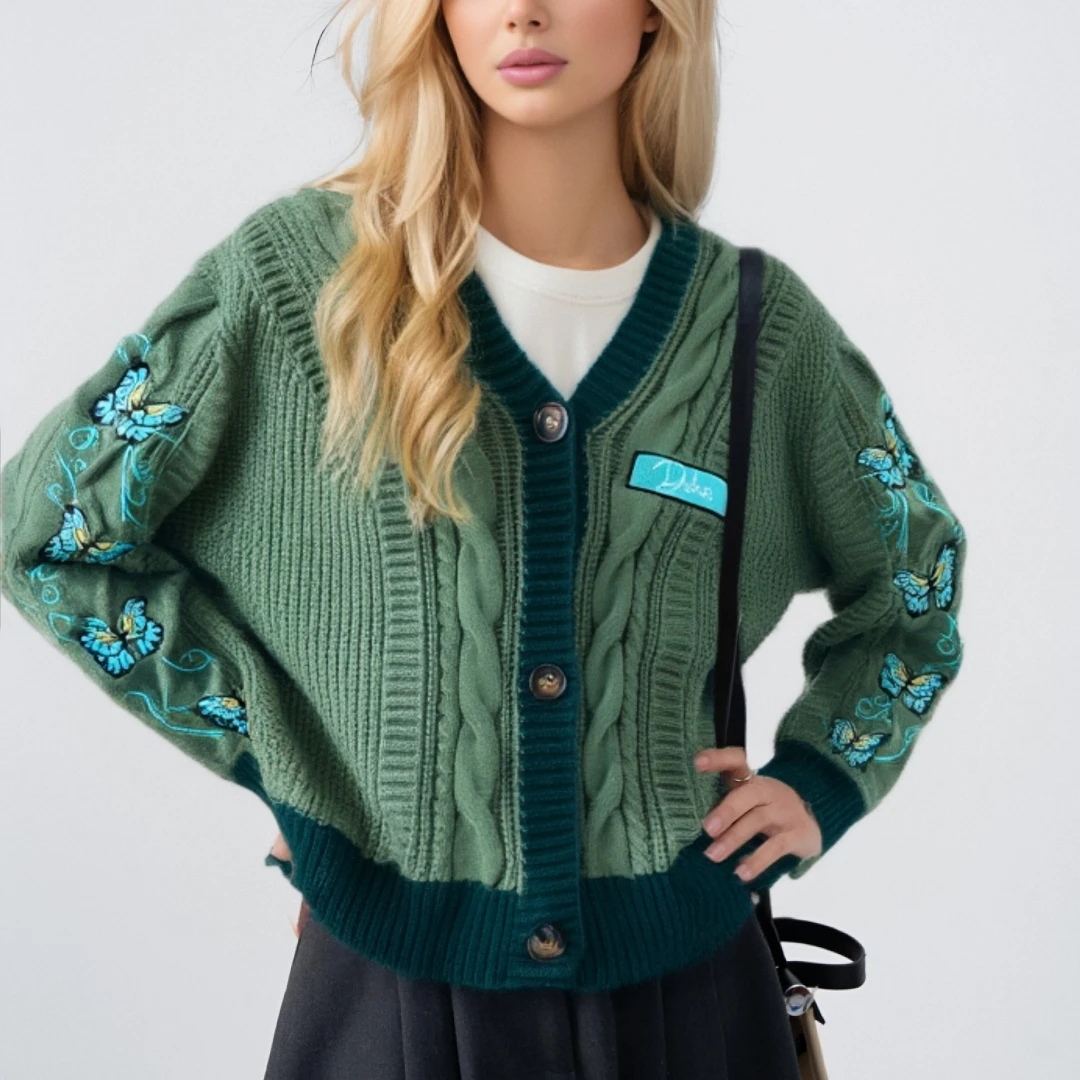 

2025 Spring Women Butterfly Embroidery Oversized Dark Green Knitted Cardigan Winter and Autumn Y2k Keep Warm Female Cardigans