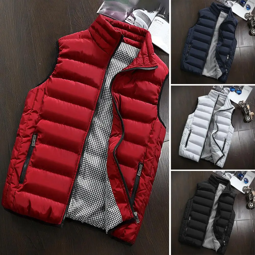 

Men Waistcoat Men's Winter Padded Vest with Stand Collar Zipper Pockets Soft Warm Sleeveless Coat for Neck Protection