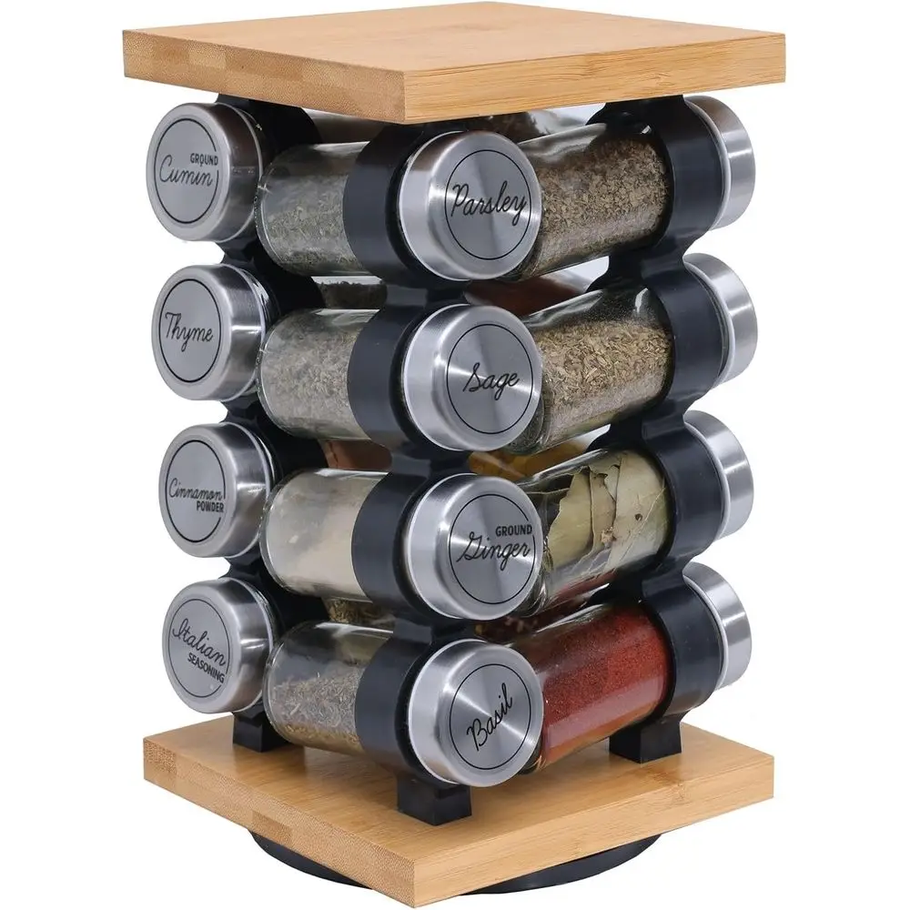 

16 Jar Rotating Bamboo Spice Rack with Spices Included & 5-Year Spice Refill Prog – Compact Countertop Spice Rack with Glass Jar