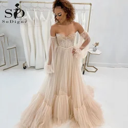 SoDigne Champagne Wedding Party Dresses Beadding Pleats Corset Bridal Gowns For Women Tiered Tulle Puff Sleeves Bride Dress