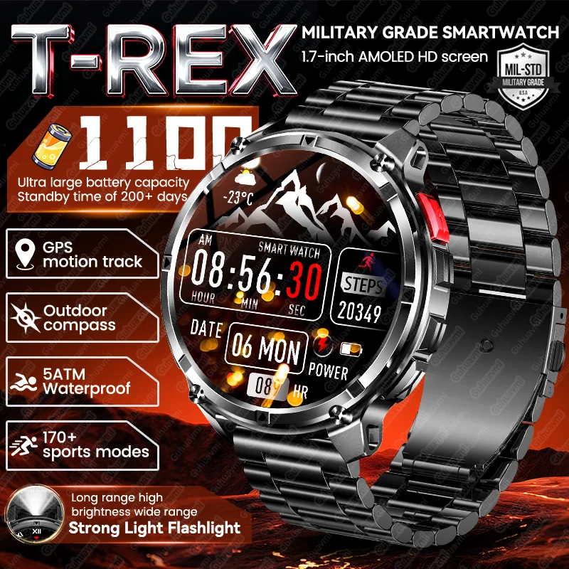 

New Military T-Rex 1100mAh Large Battery Smart Watch Men Sports GPS Compass Bluetooth Call 5ATM Waterproof AMOLED HD Smartwatch