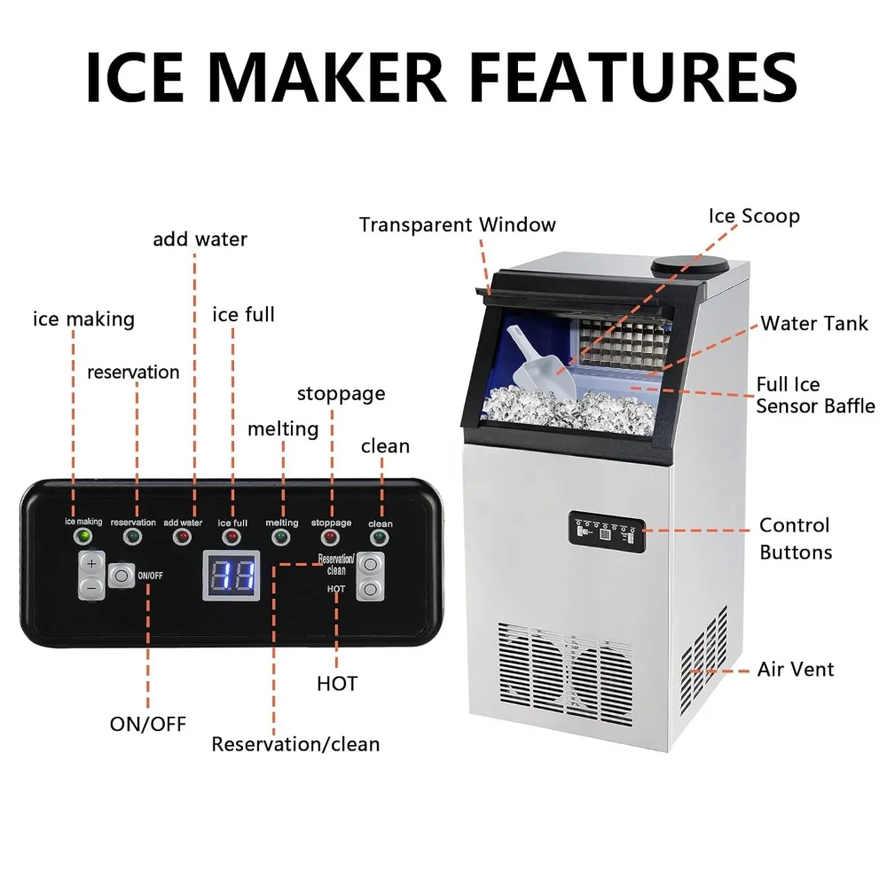 Commercial Ice Maker, BinFreestanding W/2 Water Inlets and 24lbs Ice Scoop & Filter, LCD Indicator Displaying, Ice Makers