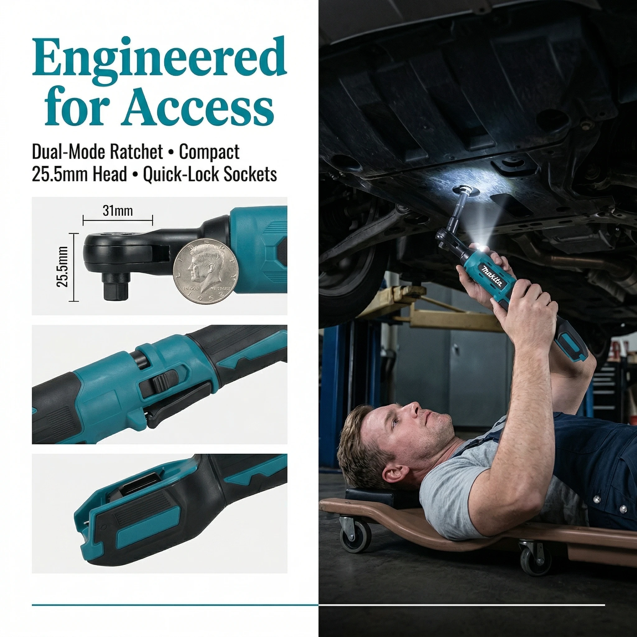Makita DWR180 18V Brushless Cordless Ratchet Wrench 47.5Nm 0-800RPM 3/8 Square Drive with LED for Engine Bay Work