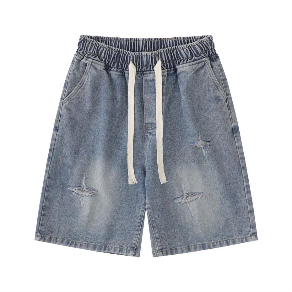 Vintage Ripped Hole Jeans Shorts Men Streetwear Hip Hop Washed Star Knee Length Pants 2025 Summer New Harajuku Y2K Denim Shorts