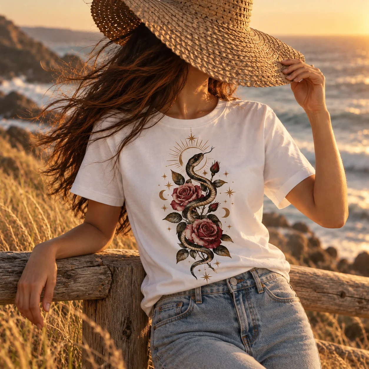 100% Cotton Retro Celestial Snake And Red Rose Print T Shirt, Soft Short Sleeve Top For Boho Festival Party