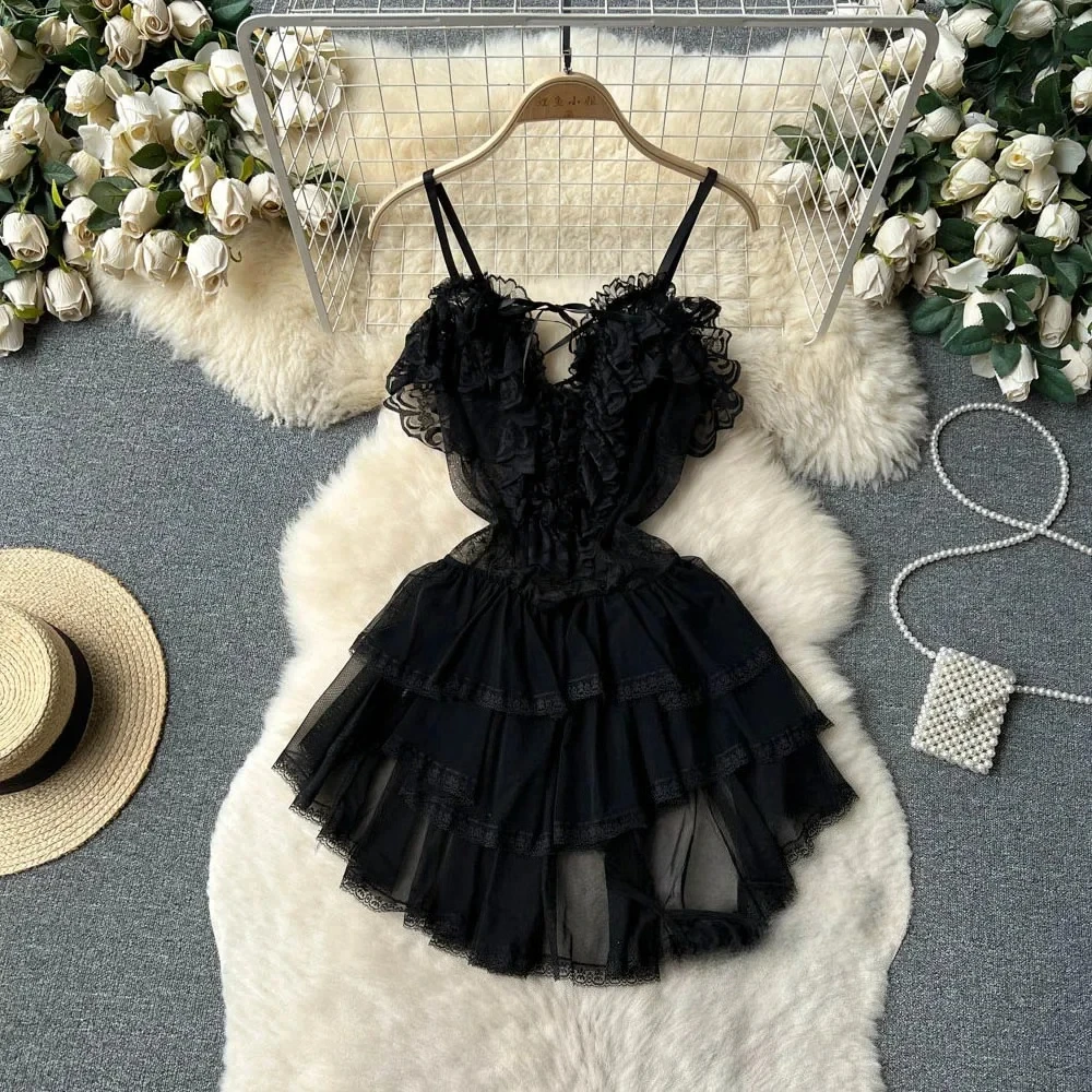 

Платье-мини с рюшами и кружевом для женщин, на бретельках, с открытой спиной, сетчатое, сексуальное, модное, для вечеринок, удобное