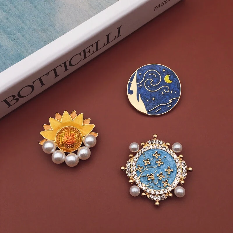 Alloy Enamel Brooch for Women Gift Vintage Van Gogh Oil Painting Pattern Series Apricot Blossom Sky Moon Sunflower Design Brooch