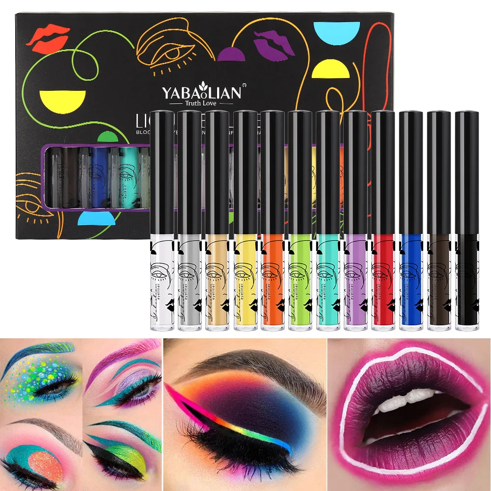 Professional Colorful Eyeliner Liquid 12 Matte Colors Waterproof Smudge-Proof Long-Lasting Eyeshadow Liquid for Daily/Party