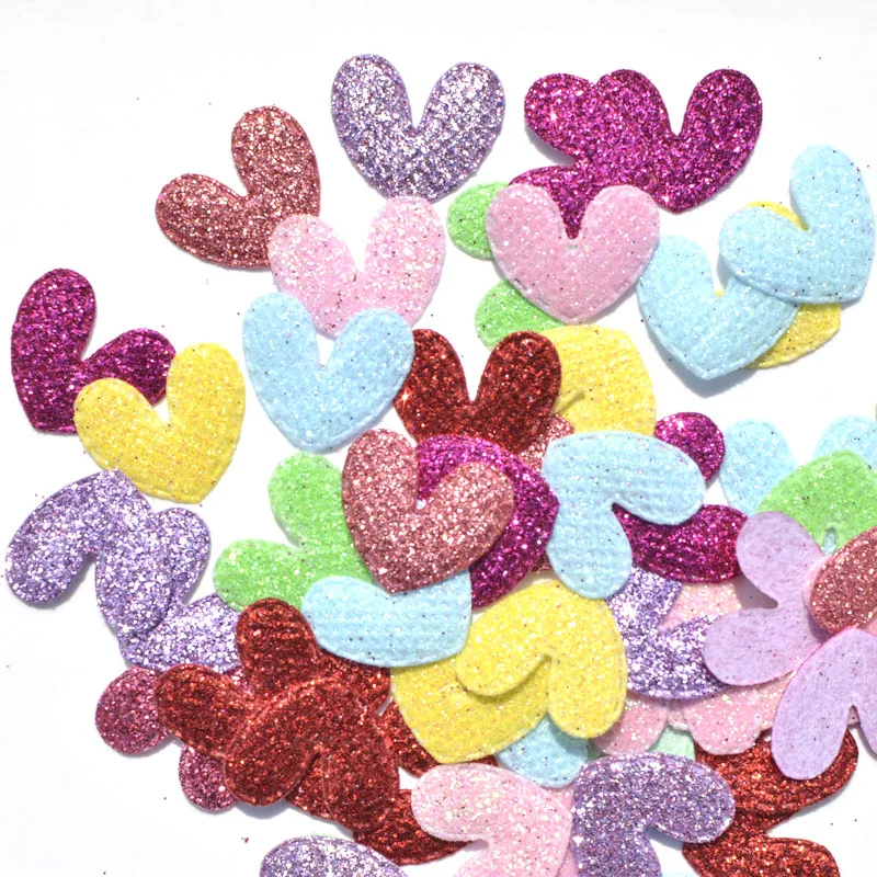 50Pcs 18 * 22mm Mixed Sweet Glitter Heart Sewing on Felt Fabric Patch Cloth Appliques / Craft Wedding Decor