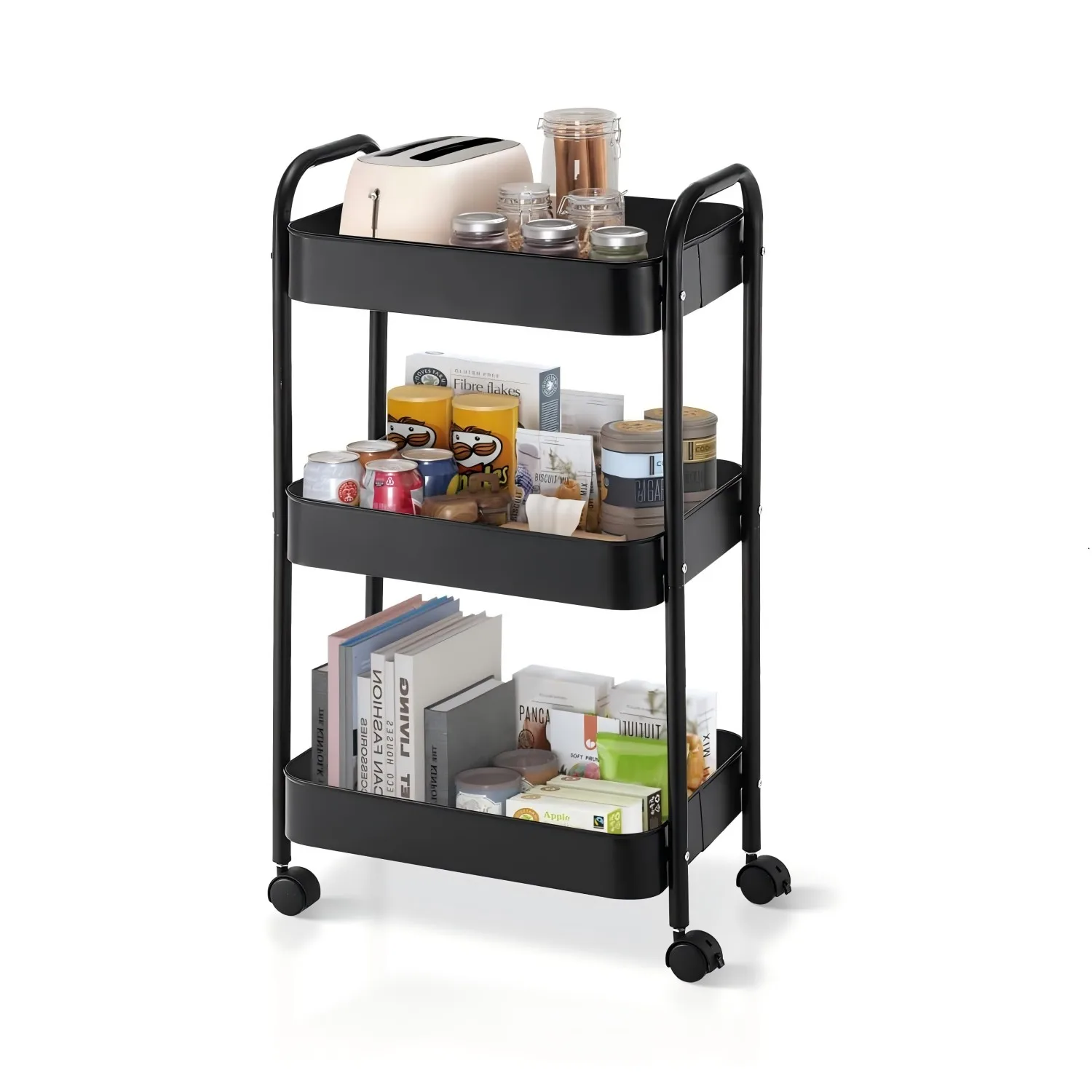 3 Tier Kitchen Storage Trolley, Wheels Rolling Utility Carts,Mobile Serving Trolley Cart,Dining Room,Bathroom,Living Room,Black