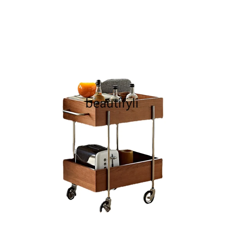 

Trolley Medium-Ancient Stainless Steel Cherry Wood Color Large Storage Cart Storage Mobile Snack Rack shelves household items