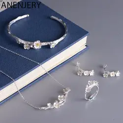 ANENJERY Sakura Plum Blossom Flower Jewelry Set Necklace Earrings Ring Bracelet For Women Fashion Gift