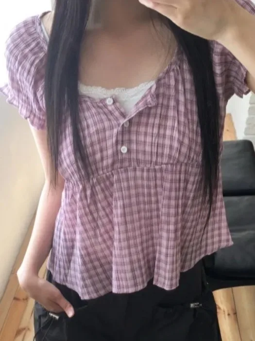 

Летний новый шикарный маленький свободный клетчатый однотонный модный милый топ для поездок на работу Bubble Sve ort Sve round Ne Regular Length