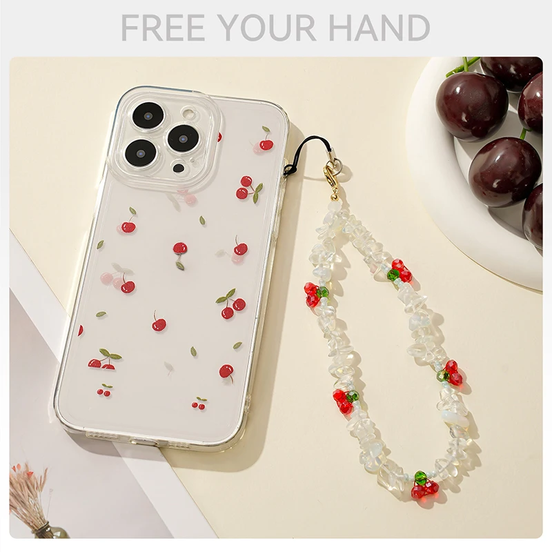 Y2K Sweet Cute Cherry Opal Beaded Phone Lanyard Ins Style Natural Stone Mobile Phone Chain Wristband Keyring Camera Pendant