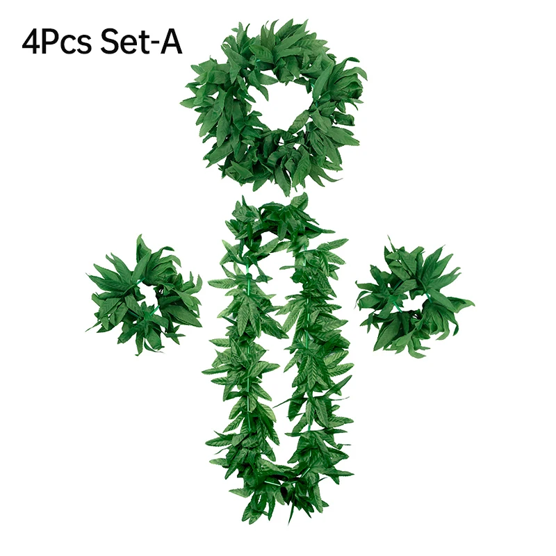 

4pcs Hawaiian Green Leaf Wreath Party Dress Up Beach Costume Artificial Leaves Necklace Headband Bracelet Festive Decoration