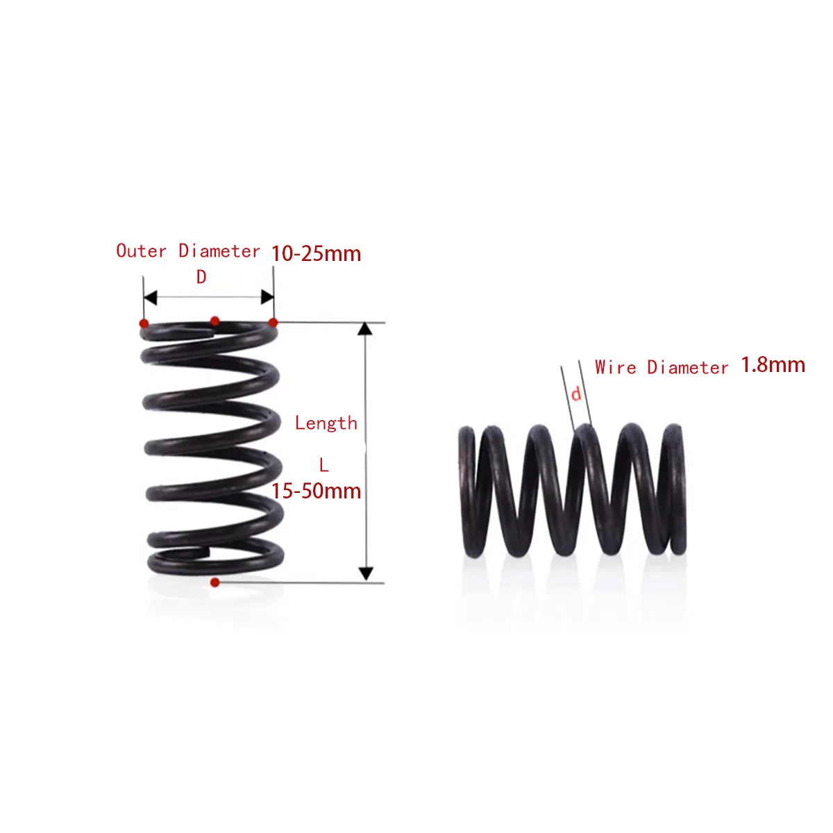 

Wire Dia 1.8mm Outer Dia 10-25 Length15-50mm Manganese Steel Pressure Spring Compression Springs High Elastic Blackening Spring