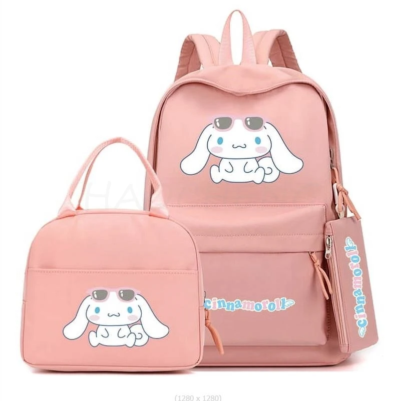 Cinnamoroll Anime Mochila para Estudante Adolescente, Mochila Escolar de Volta à Escola, Lunch Bag, Lápis, Mochila de Lazer para Mulheres, 3Pcs por Conjunto