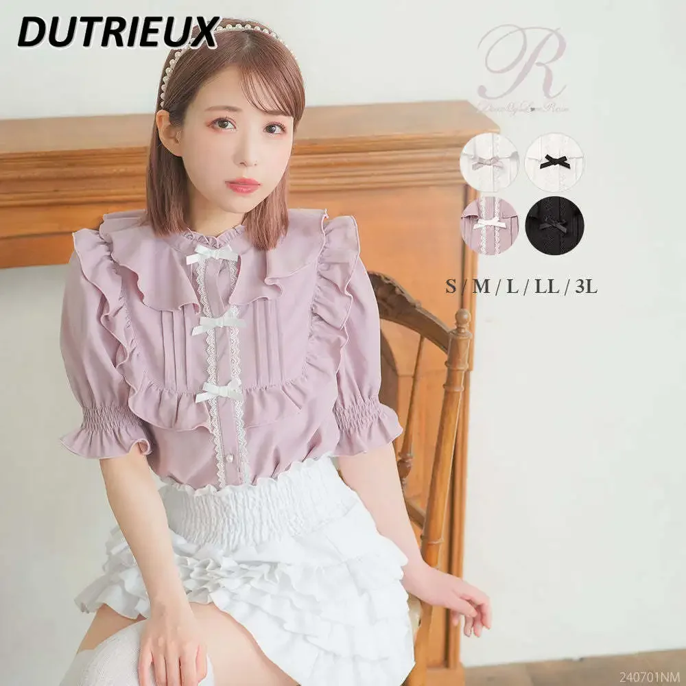 Japanese Style New Exquisite Short Sleeve Sweet Shirt Solid Color Retro Heavy Industry Wooden Ear Bow Stand Collar Lolita Tops