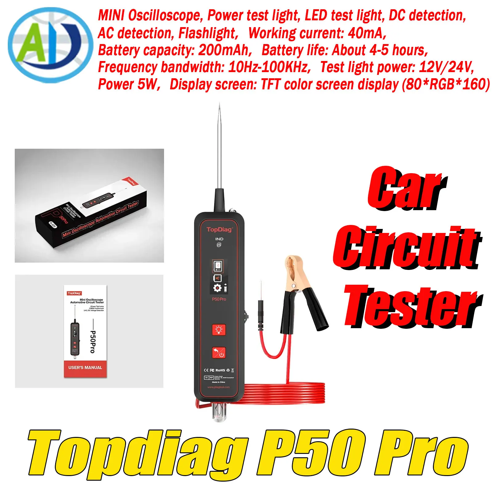 

Topdiag P50 Pro Automotive Circuit Tester Battery Diagnostic Testing Tool MINI Oscilloscope Electrical Power Circuit Probe Pen