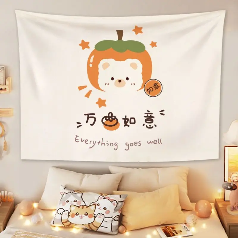 VIKAMA All Wishing Persimmon Bear Tapestry New Chinese Cartoon Persimmon Ruyi Cute Wall Hanging for Bedroom Living Room Decor