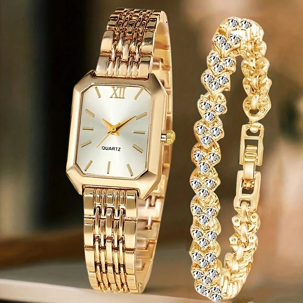 2Pcs/Set Unisex Jewelry Watches Women's Wristwatch Accessories Gold Trendy Fashionable Elegant Classic Exquisite Light Luxury Minimalist Style Luxury Bracelet Watch Set Y2K Suitable for Daily Outfits, Travel, Parties, Vacations, Perfect Holiday Gift