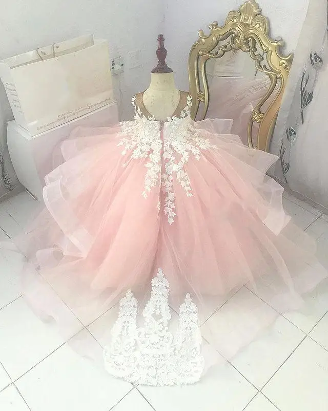 Vestidos de encaje de flores para niña, vestido de baile con cuello transparente, vestidos de boda para niña pequeña, vestidos de desfile de comunión baratos