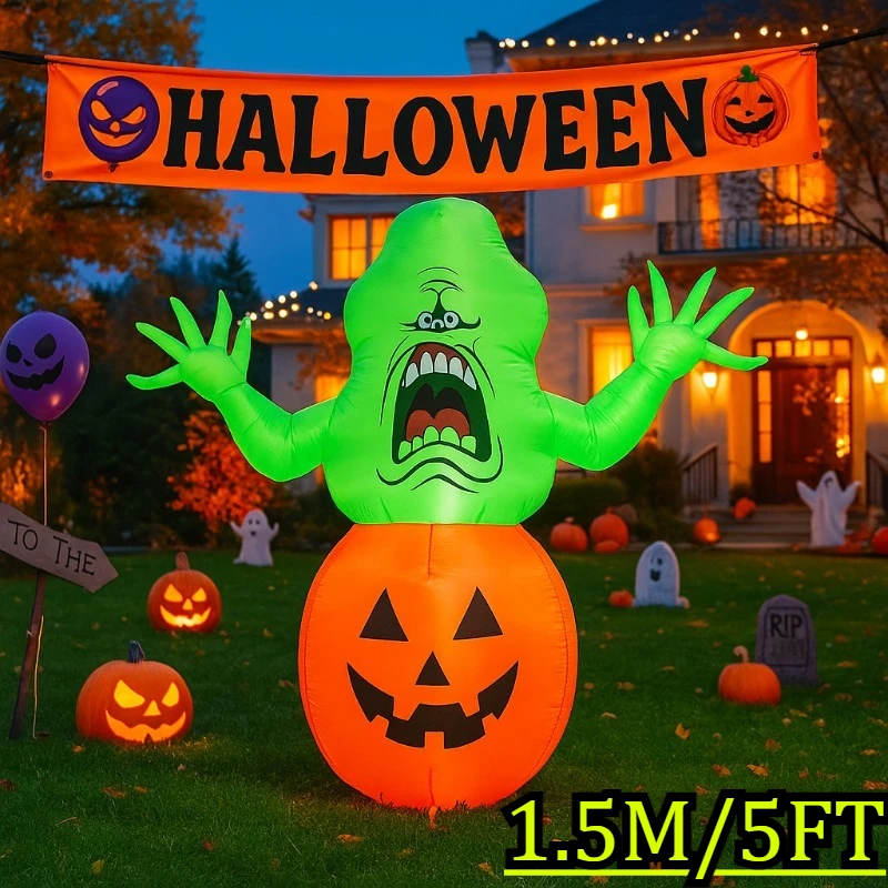 

5FT Halloween Holiday Lighting Pumpkin Green Ghost Inflatable Model Luminous Inflatable Model Halloween Yard Hall Garden Decora