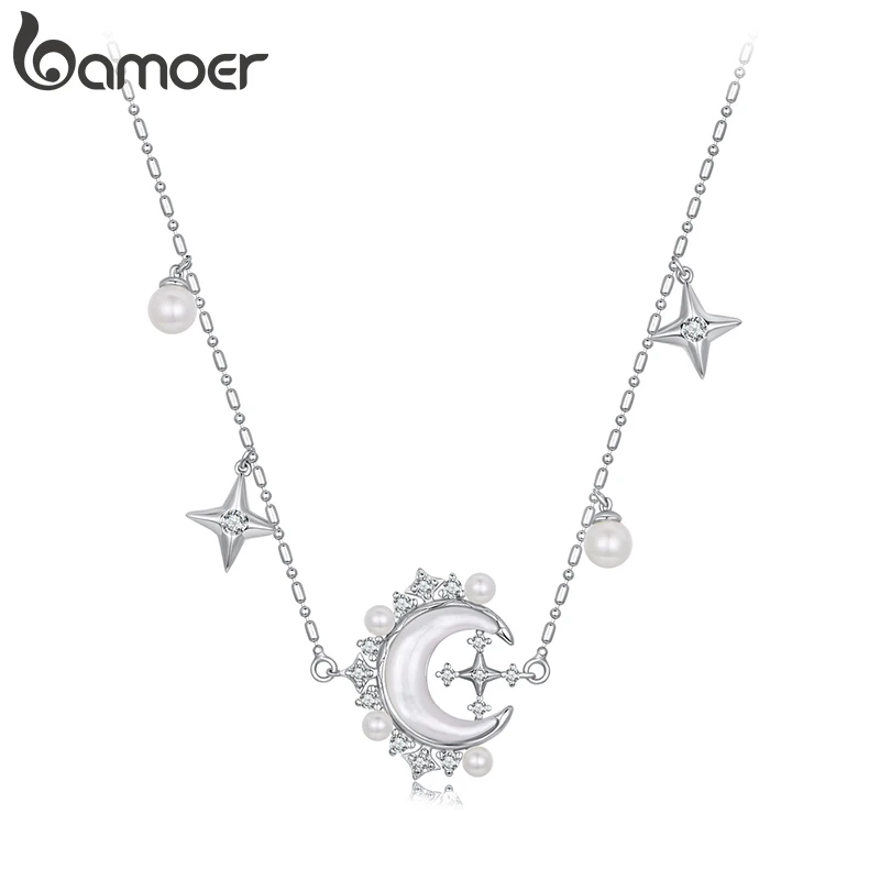 BAMOER White Gold Plated Crescent Moon Necklace with Pearl, High Quality Statement necklace for Women Unique Design Jewelry