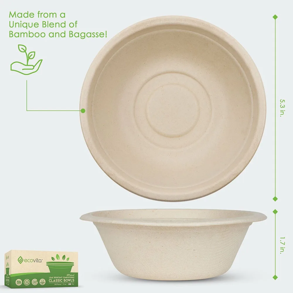 50 Pcs Paper Bowls Disposable 100% Biodegradable Sugarcane Bagasse 350ml 12oz Bowls for Outdoor Party Barbecue