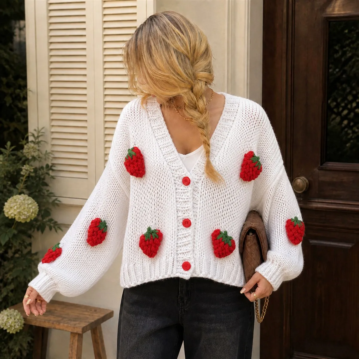 Vintage 3D Strawberry Cardigan Women V Neck Button Down Chunky Knit Sweater Long Sleeve Cute Oversized Cardigan For Fall Winter