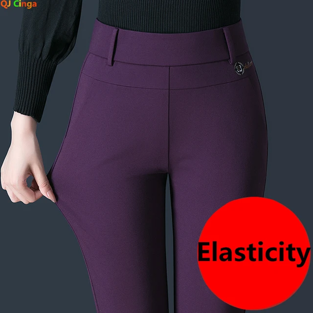 Nowe damskie czarne spodnie garniturowe ze stretchem 2026, modne fioletowe spodnie slim, zielono-brązowe pantalones, rozmiary 27-34
