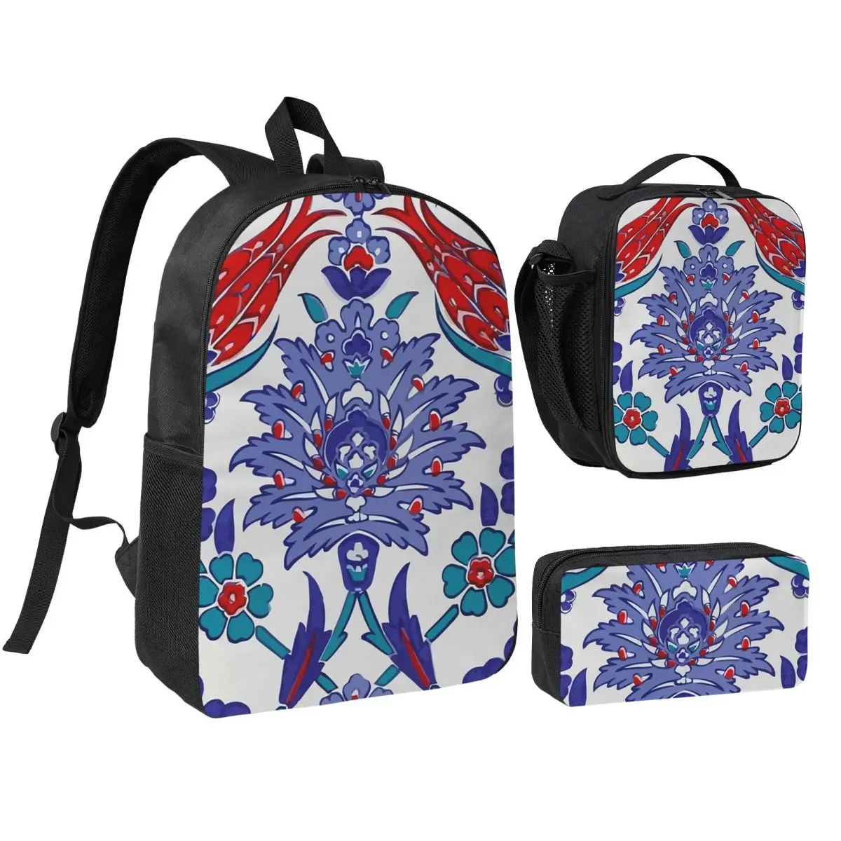 Oriental Tile Floral Pattern Backpack Boys Girls BookBag School Bag Shoulder Bags 3ps Insulated Lunch Bag Pencil Case