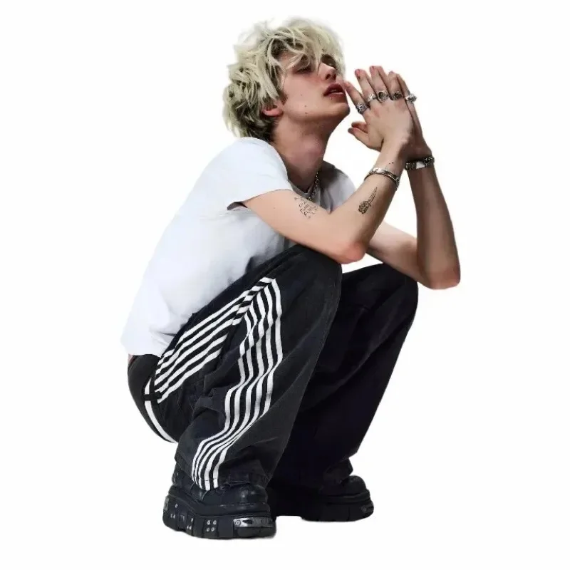 

Y2k trendy striped jeans men's spring and autumn new style Harajuku style straight leg casual wide leg pants