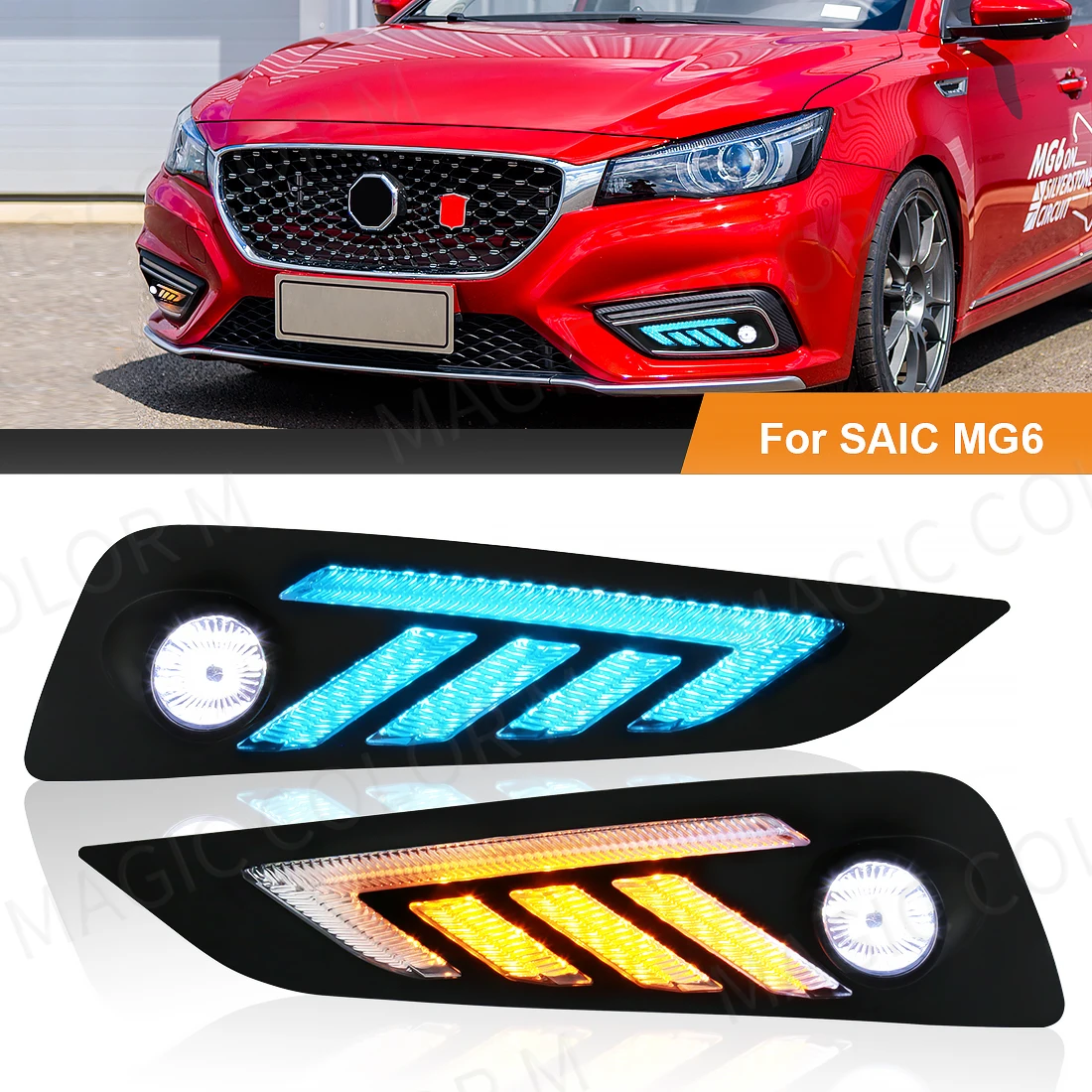 For MG MG6 2017 2018 2019 Car LED Fog Lamps Daytime Running Light Yellow Flowing Turn Signal White Headlight DRL Blue Night Lamp