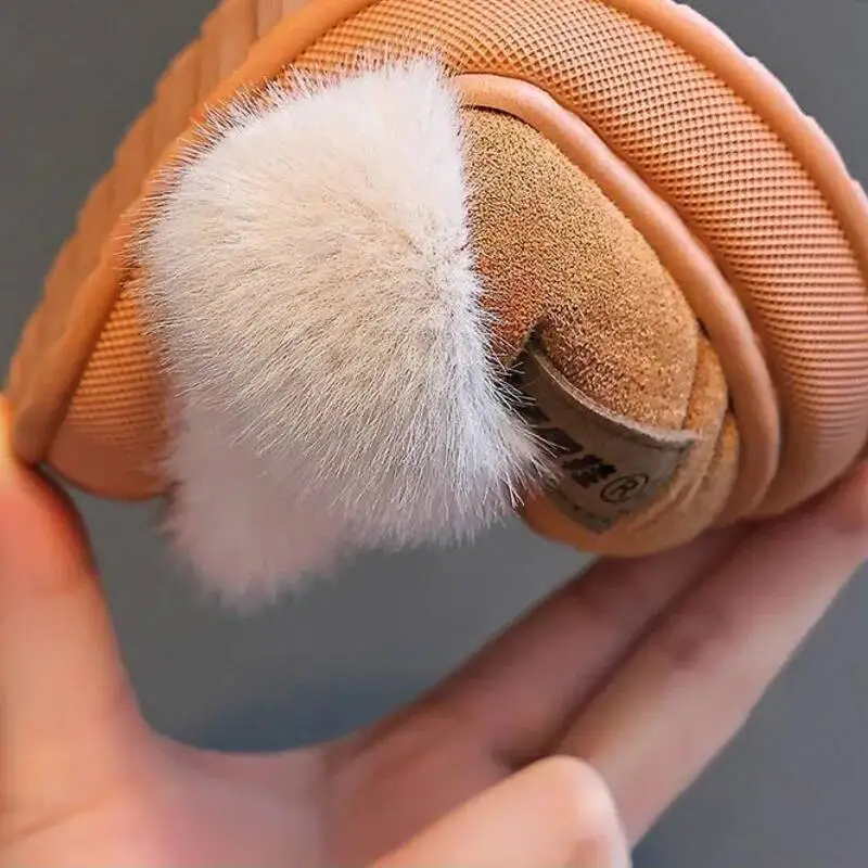 Solid Furry Children Slippers Winter PU Warm Plush Indoor Slippers For Kids Soft Bottom Boys Girls Floor Shoes - view 5